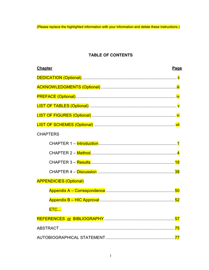 table of contents template 1 1